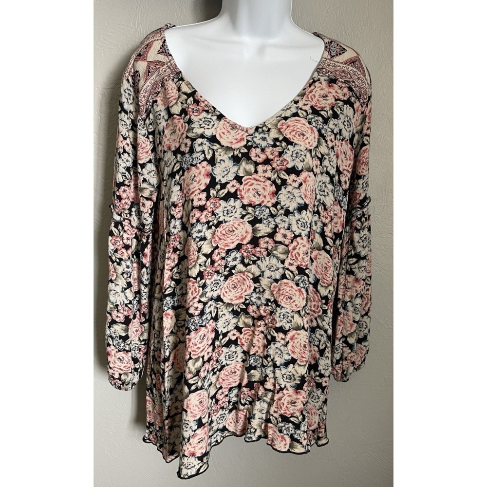 Billabong Womens Medium V-Neck Black Floral Long Sleeve Flowy Mini Dress